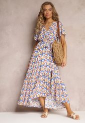 Niebieska Sukienka z Wiskozy i Kopertowym Dekoltem w Fantazyjny Print Abai. Niebieskie sukienki damskie Renee, na lato, l, z aplikacjami, z wiskozy, bez kołnierzyka, bez ramiączek, maxi, kopertowe. Za 59.99 zł.