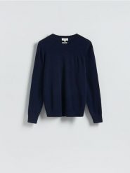 Wełniany sweter z dodatkiem kaszmiru - granatowy. Niebieskie swetry przez głowę męskie Reserved, l, bez wzorów, z kaszmiru, bez kołnierzyka. Za 299.99 zł.