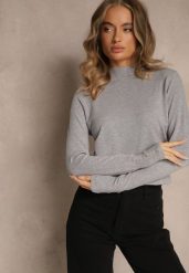 Szary Golf o Dopasowanym Kroju Zdobiony Minimalistycznymi Aplikacjami Unissa. Szare swetry damskie Renee, l, z aplikacjami, z jeansu, eleganckie, bez kołnierzyka, bez ramiączek, bez kaptura. Za 59.99 zł.