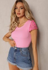 Różowy Prążkowany Top z Koronkowymi Aplikacjami Velsia. Czerwone bluzki damskie Renee, l, z aplikacjami, z koronki, bez kołnierzyka, bez ramiączek. Za 39.99 zł.