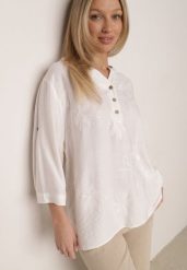 Biała Koszula z Wiskozy z Haftowanymi Kwiatami Sylimeine. Białe bluzki damskie Born2be, l, bez wzorów, z materiału, biznesowe, bez kołnierzyka, bez ramiączek. Za 89.99 zł.