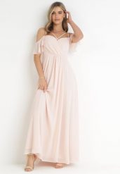 Różowa Maxi Sukienka o Rozkloszowanym Fasonie na Cienkich Skrzyżowanych Ramiączkach Hendina. Czerwone sukienki damskie Born2be, l, bez wzorów, bez kołnierzyka, bez ramiączek, maxi, kopertowe. Za 169.99 zł.
