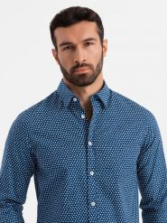Męska koszula w drobny wzór SLIM FIT - granatowa V1 - Rozmiar: S. Niebieskie koszule męskie Ombre Clothing, l, bez wzorów, z bawełny, klasyczne, bez kołnierzyka, bez ramiączek. W wyprzedaży za 69.99 zł.
