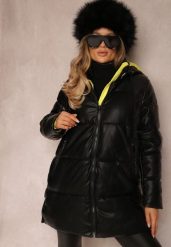 Czarno-Żółta Kurtka Pikowana z Imitacji Skóry Helle. Czarne kurtki damskie Renee, l, bez wzorów, ze skóry. Za 189.99 zł.