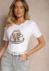 Biały Bawełniany T-shirt z Kokardą 3D i Nadrukiem Tortu Sanaviela. Białe bluzki damskie Renee, l, bez wzorów, z bawełny, eleganckie, bez kołnierzyka. Za 39.99 zł.