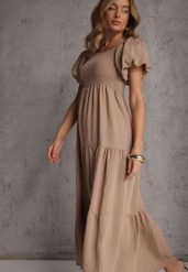 Beżowa Sukienka z Wiskozy o Rozkloszowanym Kroju z Bufiastymi Rękawkami Rosena. Brązowe sukienki dla dziewczynek Renee, bez wzorów, z tkaniny, bez ramiączek. Za 89.99 zł.