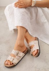 Beżowe Szydełkowe Klapki z Paskami ze Sprzączkami na Podeszwie z Imitacji Korka Elriess. Brązowe klapki damskie Renee, w ażurowe wzory, z jeansu, boho, bez obcasa, na płaskiej podeszwie. Za 79.99 zł.