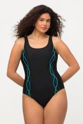Damski Strój kąpielowy lamówki bez miękkich miseczek pas pod biustem. Czarne kostiumy jednoczęściowe damskie Ulla Popken, plus size, bez wzorów, z elastanu, plus size, do pływania. Za 111.99 zł.