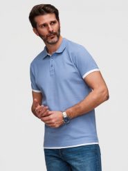 Męska bawełniana koszulka polo z kontrastowym wykończeniem – niebieska V3. Niebieskie koszulki polo męskie Ombre Clothing, m, bez wzorów, z bawełny, klasyczne, bez ramiączek. W wyprzedaży za 129.99 zł.