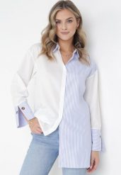 Niebiesko-Biała Asymetryczna Koszula w Paski z Kołnierzykiem Aelua. Niebieskie bluzki damskie Born2be, m, bez wzorów, z tkaniny, klasyczne, z asymetrycznym kołnierzem, bez ramiączek. Za 84.99 zł.