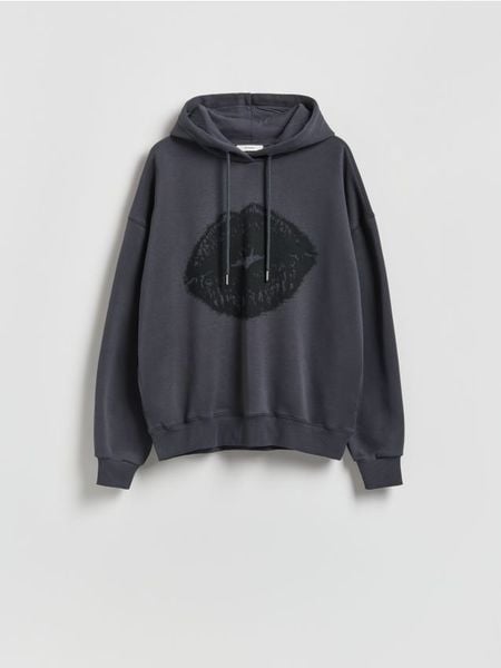 Bluza z nadrukiem - ciemnoszary. Szare bluzy damskie Reserved, l, bez wzorów, z bawełny, bez kaptura. Za 119.99 zł.