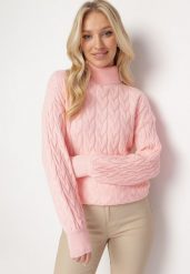 Różowy Sweter z Golfem w Warkoczowy Splot ze Ściągaczami Maraiwai. Czerwone swetry damskie Born2be, na jesień, bez wzorów, ze splotem, bez kołnierzyka, bez ramiączek, bez kaptura. Za 109.99 zł.
