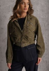 Zielona Kurtka Utility Cropped z Imitacji Zamszu z Suwakami i Paskiem w Talii Gleania. Brązowe kurtki damskie Renee, l, bez wzorów, z koronki, bez kaptura. Za 189.99 zł.