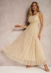 Beżowa Koktajlowa Sukienka z Tiulowym Dołem Bez Rękawów Elastar. Brązowe sukienki damskie Renee, na wesele, m, bez wzorów, z tiulu, eleganckie, bez kołnierzyka, bez ramiączek, maxi. Za 59.99 zł.