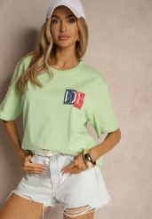 Jasnozielona Koszulka z Bawełny z Ozdobnym Nadrukiem Olinesse. Zielone bluzki damskie Renee, l, bez wzorów, z bawełny, klasyczne, bez kołnierzyka. Za 29.99 zł.