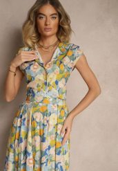 Niebiesko-Żółta Koszula z Bawełny w Kwiaty Natilea. Niebieskie bluzki damskie Renee, l, bez wzorów, z bawełny, eleganckie, bez kołnierzyka, bez ramiączek. Za 69.99 zł.