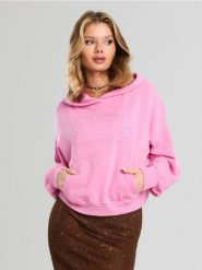 Bluza hoodie z haftowanym napisem - różowy. Czerwone bluzy damskie Sinsay, l, bez wzorów, bez kaptura. Za 49.99 zł.