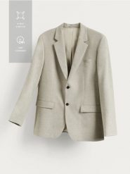 Marynarka regular z domieszką lnu - oliwkowy. Zielone marynarki męskie Reserved, bez wzorów, z tkaniny. Za 359.99 zł.