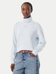 Tommy Jeans Golf Essetnial DW0DW23361 Niebieski jasny Relaxed Fit. Niebieskie swetry damskie Tommy Jeans, s, bez wzorów, z bawełny, bez kołnierzyka, bez ramiączek, bez kaptura. Za 369.99 zł.