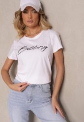 Biały T-shirt z Bawełny z Napisem Zelreti. Białe bluzki damskie Renee, m, bez wzorów, z bawełny, eleganckie, bez kołnierzyka. Za 39.99 zł.