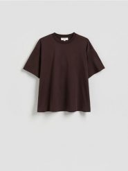 T-shirt oversize z merceryzowanej bawełny - ciemnobrązowy. Brązowe t-shirty damskie Reserved, l, bez wzorów, z bawełny, bez kołnierzyka. Za 119.99 zł.