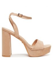 DeeZee Sandały F20074-2 Beżowy. Brązowe sandały damskie DeeZee, bez wzorów, z materiału, bez obcasa, na słupku, bez zapięcia. Za 149.99 zł.