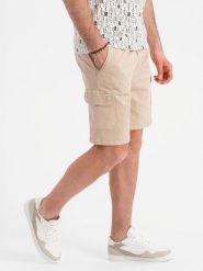 Spodenki męskie bawełniane cargo z elastycznym pasem – beżowe V3 OM-SRCG-0190 - XXL. Brązowe szorty męskie Ombre Clothing, na lato, l, bez wzorów, z bawełny. W wyprzedaży za 79.99 zł.