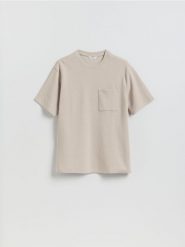 Strukturalny t-shirt comfort fit - beżowy. Brązowe t-shirty męskie Reserved, l, bez wzorów, z bawełny, bez kołnierzyka. Za 69.99 zł.