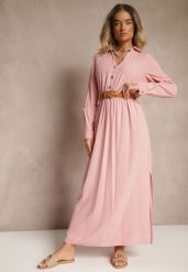 Różowa Wiskozowa Sukienka o Rozkloszowanym Kroju z Paskiem i Rozcięciem Reirissa. Czerwone sukienki damskie Renee, na co dzień, l, bez wzorów, z wiskozy, eleganckie, bez kołnierzyka, bez ramiączek, maxi, rozkloszowane. Za 119.99 zł.