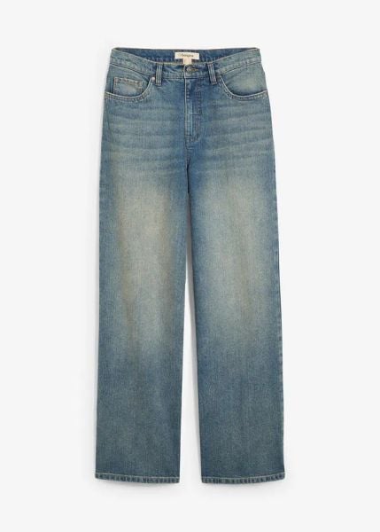 Dżinsy z szerokimi nogawkami, high waist. Niebieskie jeansy damskie bonprix, z podwyższonym stanem. Za 122.99 zł.