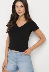 Czarny T-shirt z Bawełny o Prostym Kroju z Dekoltem w Serek Fevireena. Czarne bluzki damskie Born2be, l, bez wzorów, z bawełny, eleganckie, bez kołnierzyka. Za 39.99 zł.