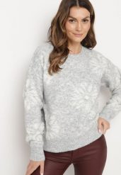 Jasnoszary Sweter z Wełną o Prostym Kroju w Kwiatowy Wzór Tinthera. Szare swetry damskie Born2be, bez wzorów, z wełny, bez kołnierzyka, bez ramiączek, długie, bez kaptura. Za 149.99 zł.