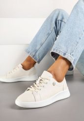 Beżowe Skórzane Sneakersy Zdobione Minimalistyczną Aplikacją Velotina. Brązowe obuwie sportowe damskie Renee, z aplikacjami, z jeansu. Za 159.99 zł.