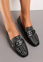 Czarne Płaskie Mokasyny Ozdobione Ćwiekami na Kwadratowym Nosku Rosagold. Czarne mokasyny damskie Renee, z jeansu, eleganckie. Za 24.99 zł.