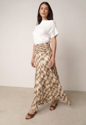 Beżowo-Żółta Rozkloszowana Spódnica z Marszczonym Pasem w Talii w Stylu Preppy Jenniea. Brązowe spódnice damskie Born2be, l, bez wzorów, z dzianiny, biznesowe, maxi, koszulowe. Za 169.99 zł.