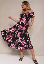 Czarna Sukienka z Bawełną Rozkloszowana w Kwiatowy Print z Dekoltem Łódką Annirna. Czarne sukienki damskie Renee, na co dzień, na lato, l, bez wzorów, z bawełny, eleganckie, bez kołnierzyka, bez ramiączek, midi, rozkloszowane. Za 54.99 zł.
