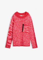 Sweter z cienkiej dzianiny ze zwierzęcym nadrukiem. Zielone swetry damskie bonprix, bez wzorów, z dzianiny, bez kołnierzyka, bez ramiączek, bez kaptura. Za 169.99 zł.