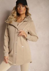 Ciemnobeżowa Bluza z Dodatkiem Bawełny o Długim Kroju z Kapturem Zapinana na Napy Coriora. Brązowe bluzy damskie Renee, s, bez wzorów, z bawełny, z kapturem. Za 59.99 zł.