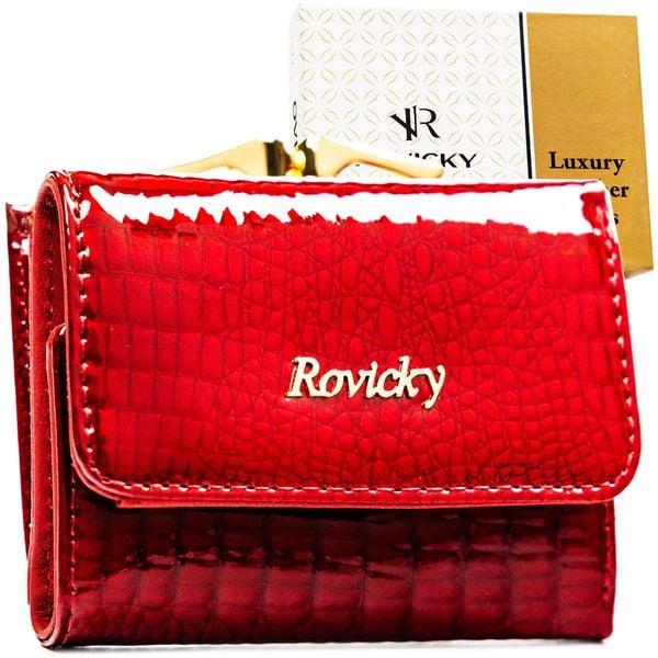 Mały, czerwony portfel damski ze skóry naturalnej z systemem RFID RH-32-1-RS Rovicky. Czerwone portfele damskie ROVICKY, bez wzorów, z lakierowanej skóry. Za 94.99 zł.