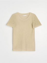 Swetrowa bluzka z metalizowaną nicią i wiskozą - złoty. Żółte bluzki damskie Sinsay, l, bez wzorów, z wiskozy, bez kołnierzyka, bez ramiączek. Za 45.99 zł.