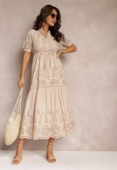 Beżowa Haftowana Sukienka Bawełniana ze Ściągaczem w Talii Ineryna. Brązowe sukienki damskie Renee, na lato, l, bez wzorów, z bawełny, boho, bez kołnierzyka, bez ramiączek, maxi. Za 169.99 zł.
