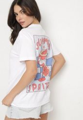 Biało-Niebieski Bawełniany T-shirt Typu Oversize z Nadrukiem i Napisem Fillana. Białe bluzki damskie Born2be, uniwersalny, bez wzorów, z bawełny, bez kołnierzyka. Za 49.99 zł.