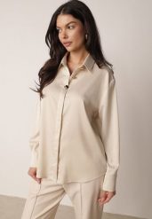 Jasnobeżowa Elegancka Koszula Satynowa z Ozdobnymi Guzikami Yasura. Brązowe bluzki damskie Born2be, m, bez wzorów, z jeansu, biznesowe, bez kołnierzyka, bez ramiączek. Za 109.99 zł.
