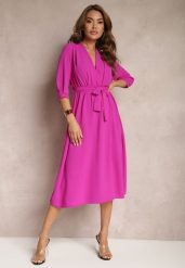 Fuksjowa Sukienka Canopis. Czerwone sukienki damskie Renee, m, bez wzorów, z materiału, eleganckie, bez kołnierzyka, bez ramiączek, midi, kopertowe. Za 69.99 zł.