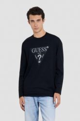 GUESS Granatowy męski longsleeve Ls Cn. Niebieskie bluzki z długim rękawem męskie Guess, l, z aplikacjami, z bawełny, bez kołnierzyka. W wyprzedaży za 161.99 zł.