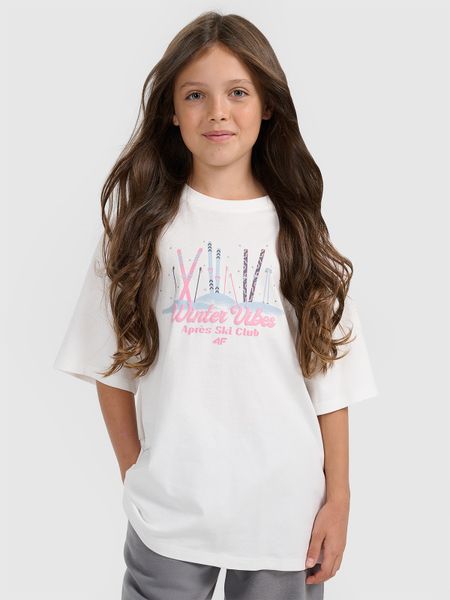 4F T-shirt loose z nadrukiem dziewczęcy - biały 122/128 (6-8 lat). Białe t-shirty i topy dla dziewczynek 4f, bez wzorów, z bawełny, bez ramiączek. Za 49.99 zł.