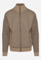 Ciemnobeżowy Kardigan w Jodełkę na Suwak z Polarową Wyściółką Iwedara. Brązowe kardigany męskie Born2be, l, bez wzorów, z jeansu, sportowe. Za 89.99 zł.