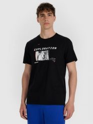 4F T-shirt regular z nadrukiem męski - czarny S. Czarne t-shirty męskie 4f, m, bez wzorów, z bawełny, bez kołnierzyka. Za 59.99 zł.