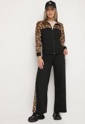 Czarny Komplet Dresowy Bluza ze Stójką i Szerokie Spodnie w Panterkę Savorre. Czarne spodnie dresowe damskie Born2be, l, bez wzorów, z dresówki. Za 79.99 zł.