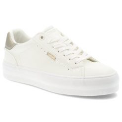 Trampki damskie Big Star, skóra ekologiczna sznurowany fason minimalistyczny design gruba gumowa podeszwa okrągły nosek, białe, TT274805. Białe półbuty damskie Big Star, bez wzorów, z gumy, retro, z okrągłym noskiem, bez obcasa, bez zapięcia. Za 149.00 zł.